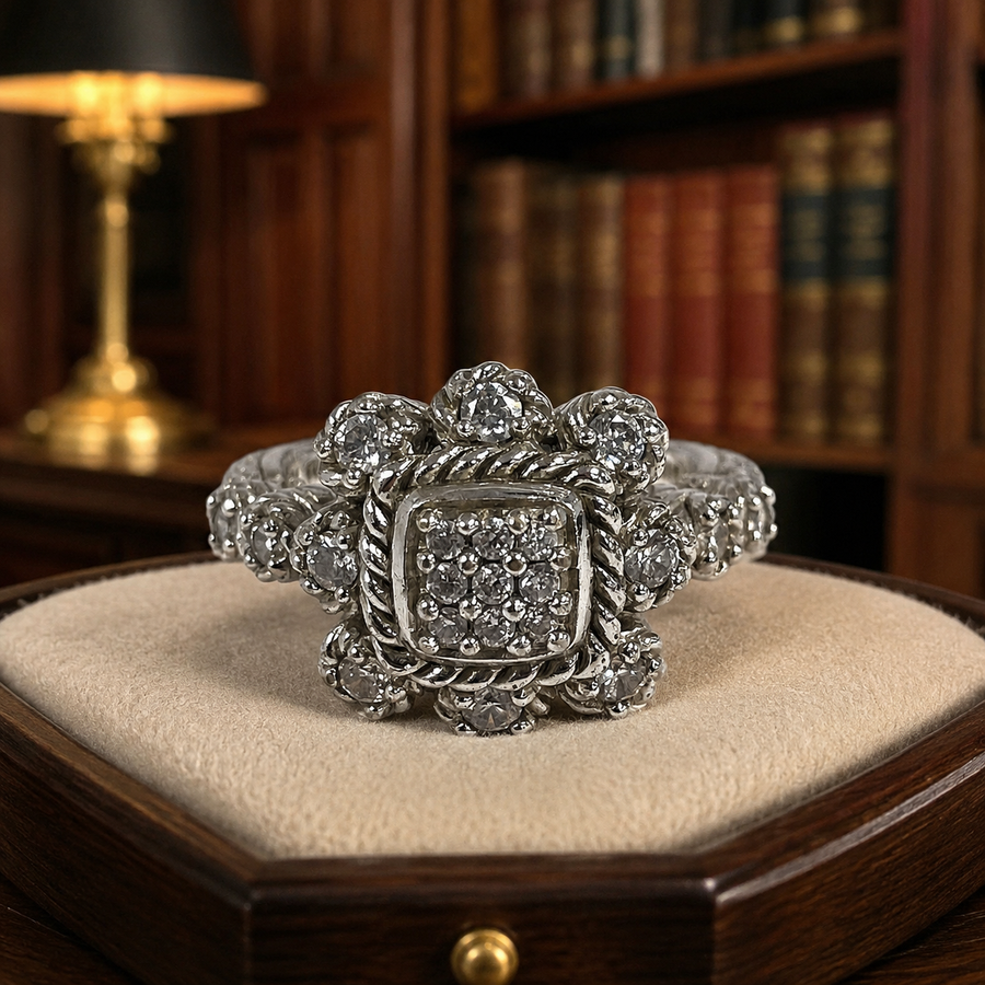 Signed Judith Ripka silver cubic zirconia cluster ring with rope detailing