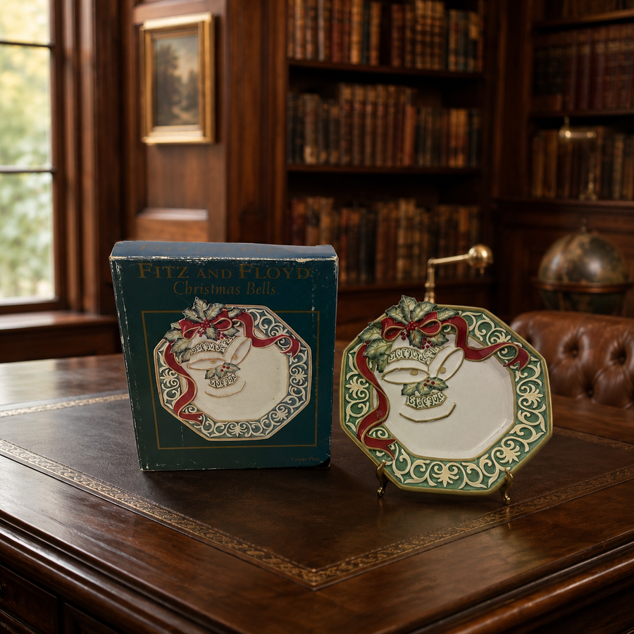 Fitz and Floyd octagonal Christmas plate with red-ribboned bell and holly, with original box