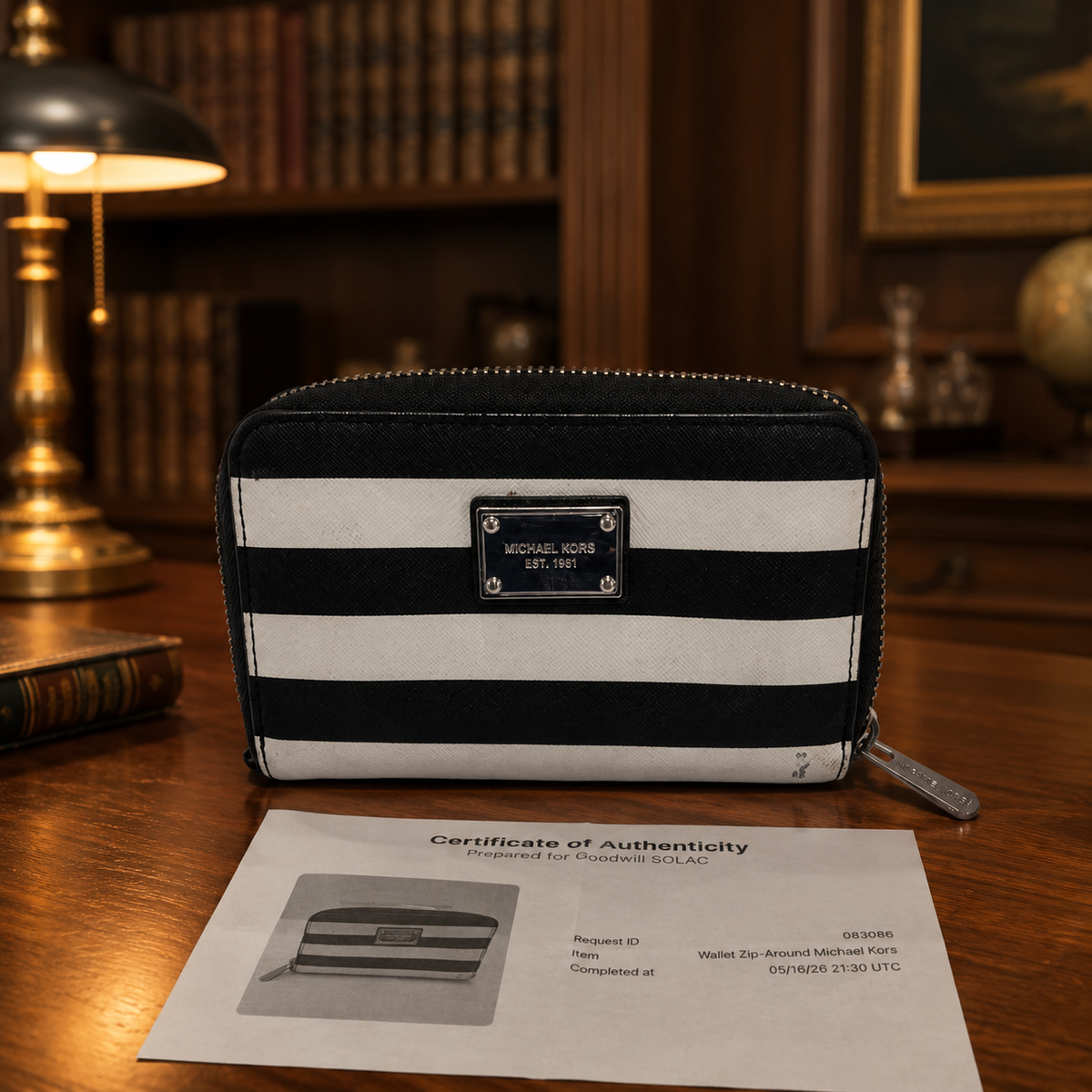 Michael Kors Black & White Striped Zip-Around Wallet with COA