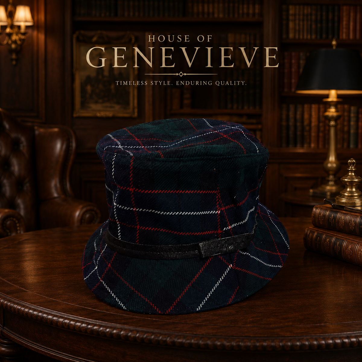 Coach green tartan plaid bucket-style hat with dark lining