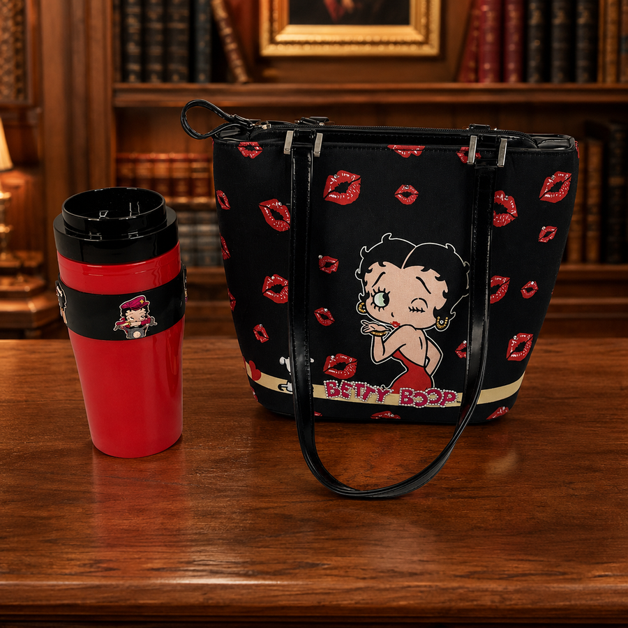 Red and black Betty Boop lip print shoulder bag with matching thermos-style bottle