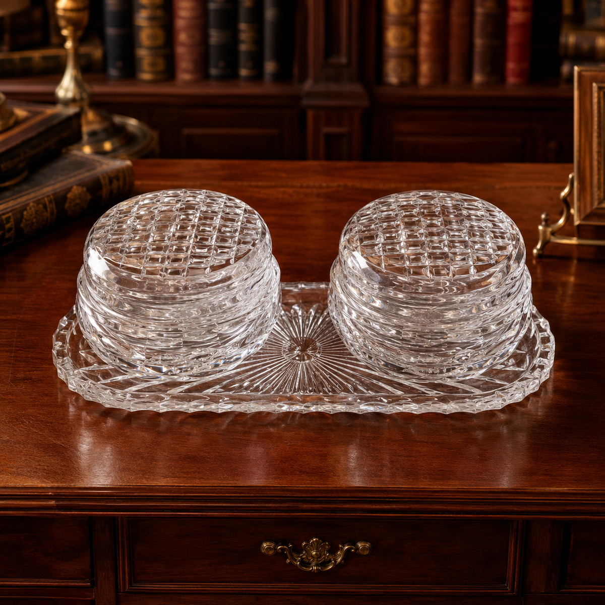 Parka Crystal clear cut vanity set with two round lidded jars and a long rectangular tray