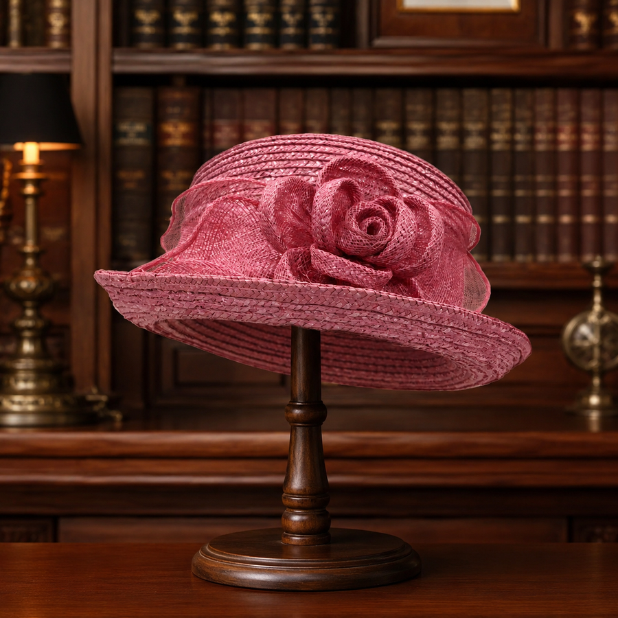 Rose pink straw cloche hat with sculpted rose and bow