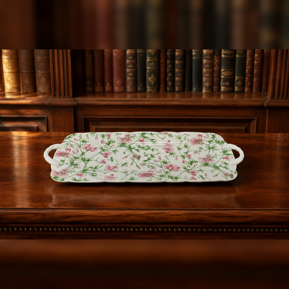 Ceramic handled serving tray with pink sweet pea pattern and scalloped edge