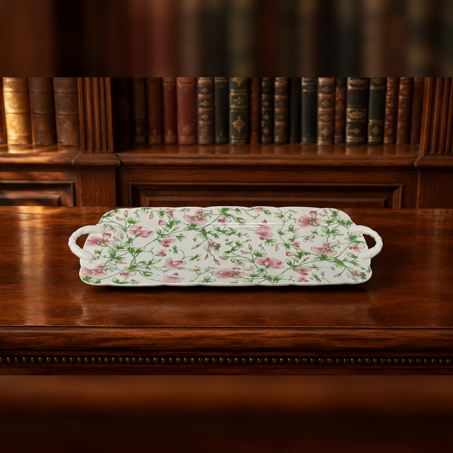 Ceramic handled serving tray with pink sweet pea pattern and scalloped edge