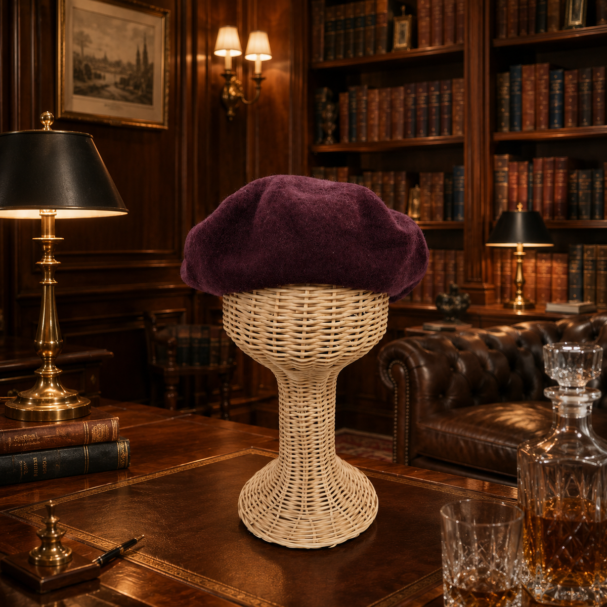 Frye burgundy beret with soft rounded crown and black lining