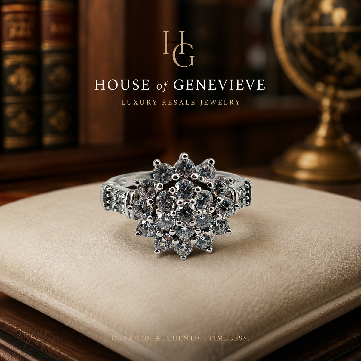 Silver cluster ring with starburst of round clear glass stones