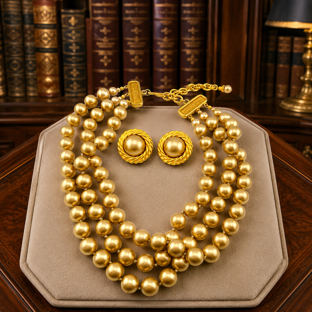 Vintage CAROLEE Gold Tone Hand-Knotted Beaded Necklace & Earrings Set, 18-Inch