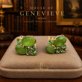 Vintage Tres Jolie Gold Tone Green Cabochon Rhinestone Screw-Back Earrings