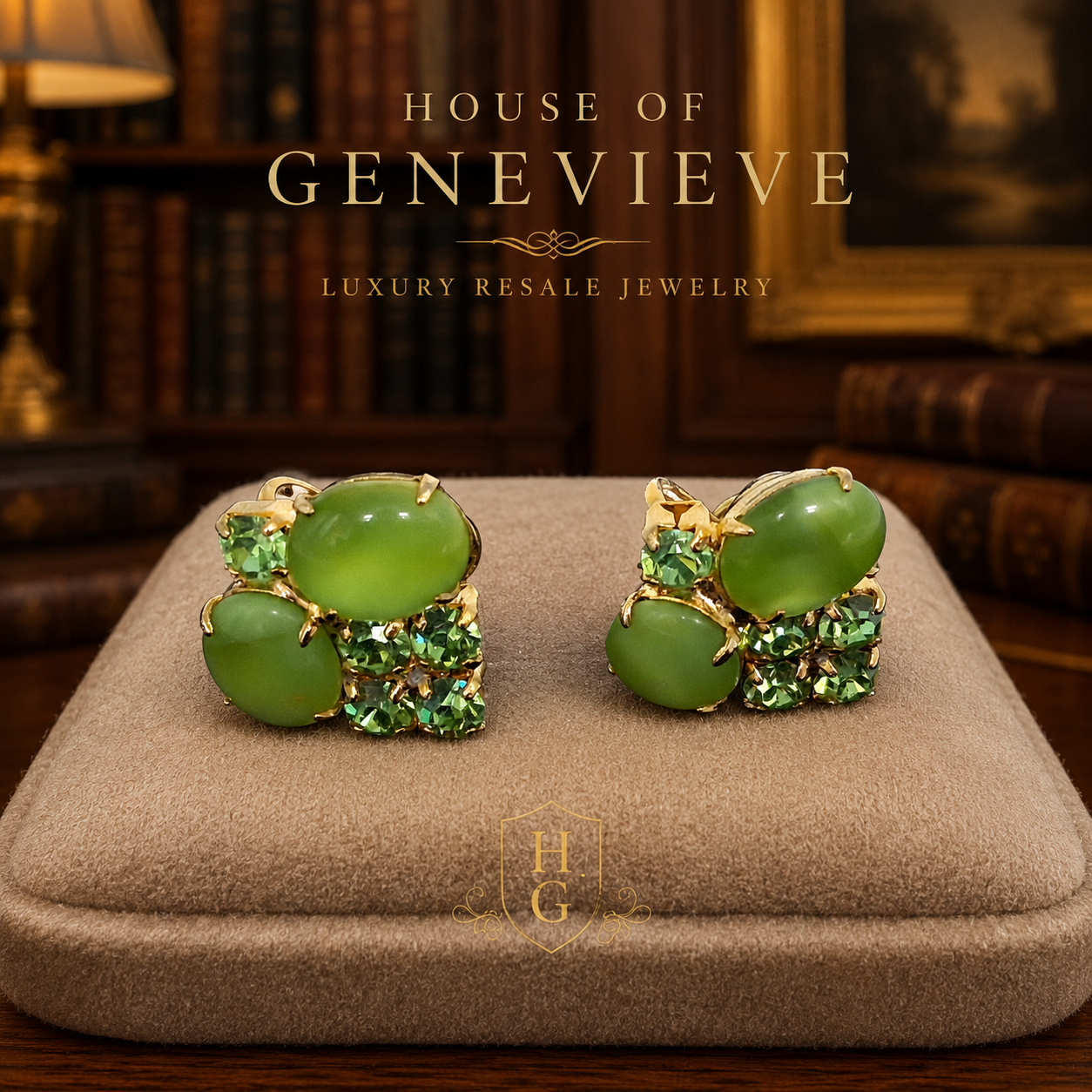 Vintage Tres Jolie Gold Tone Green Cabochon Rhinestone Screw-Back Earrings