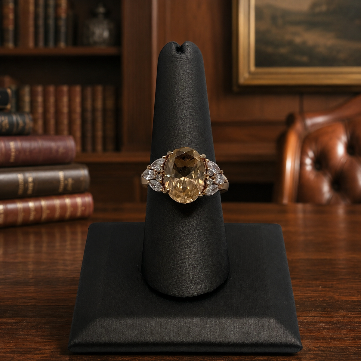 Signed BBJ gold-tone cocktail ring with oval champagne center stone and clear cluster