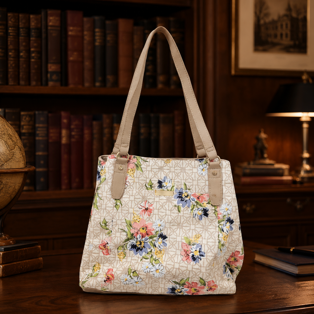 Floral Print Tote Bag with Beige Straps | Unbranded Polyester Shoulder Bag