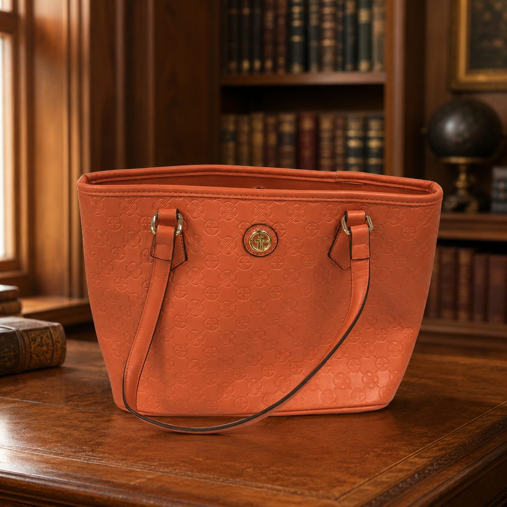 Giani Bernini Burnt Orange Embossed Logo Satchel Bag | Structured Shoulder Handbag