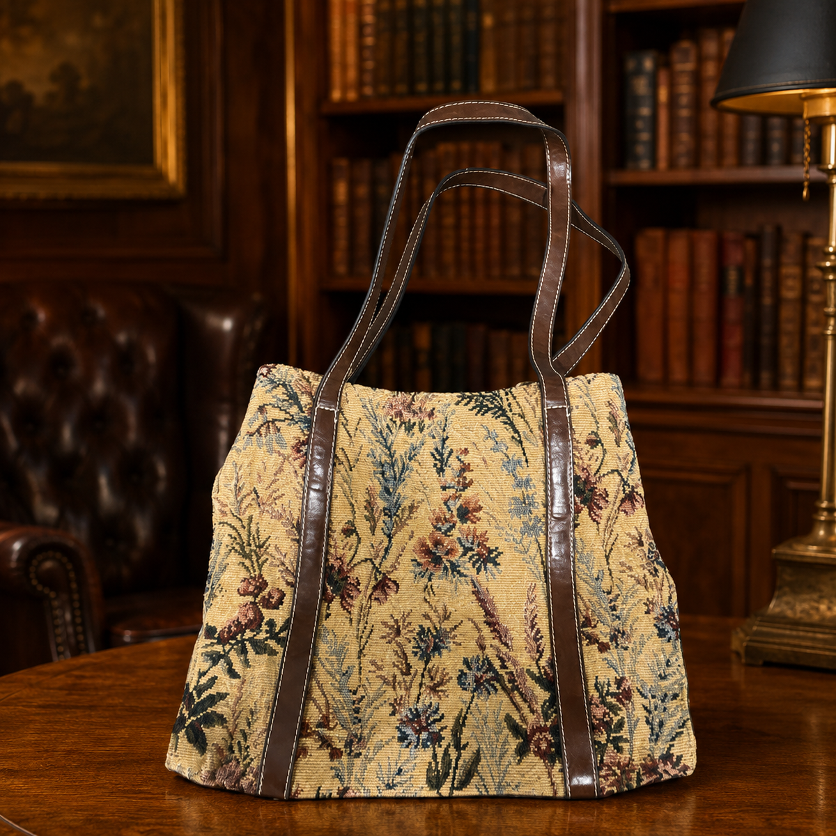 Floral tapestry-style tote with brown handles and trim