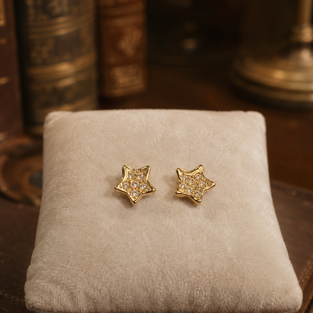 Swarovski Gold Tone Pavé Crystal Star Stud Earrings | Signed Designer Celestial Earrings 2.4g