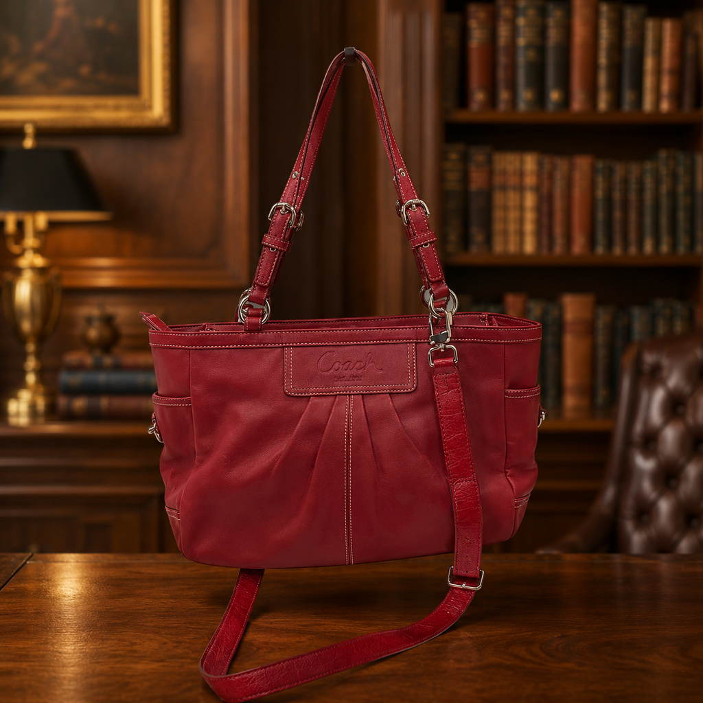 Coach Chili Red Leather Convertible Tote Crossbody Bag, Pebbled Shoulder Satchel with Strap