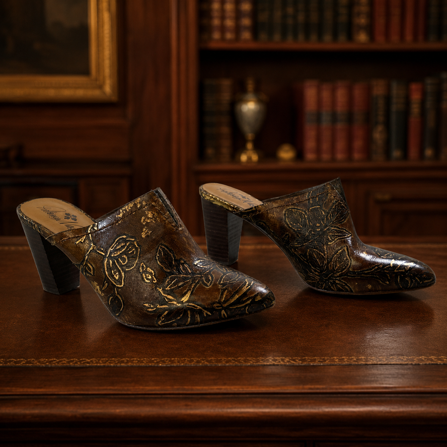 Patricia Nash Ruffina brown mule pumps with floral tooled-style embossing