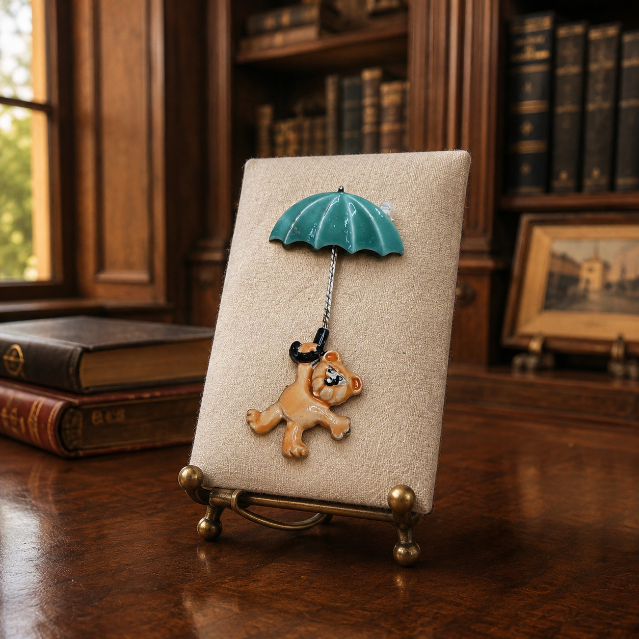 Vintage JJ Signed Colorful Enamel Teddy Bear Umbrella Brooch Pin 2.25