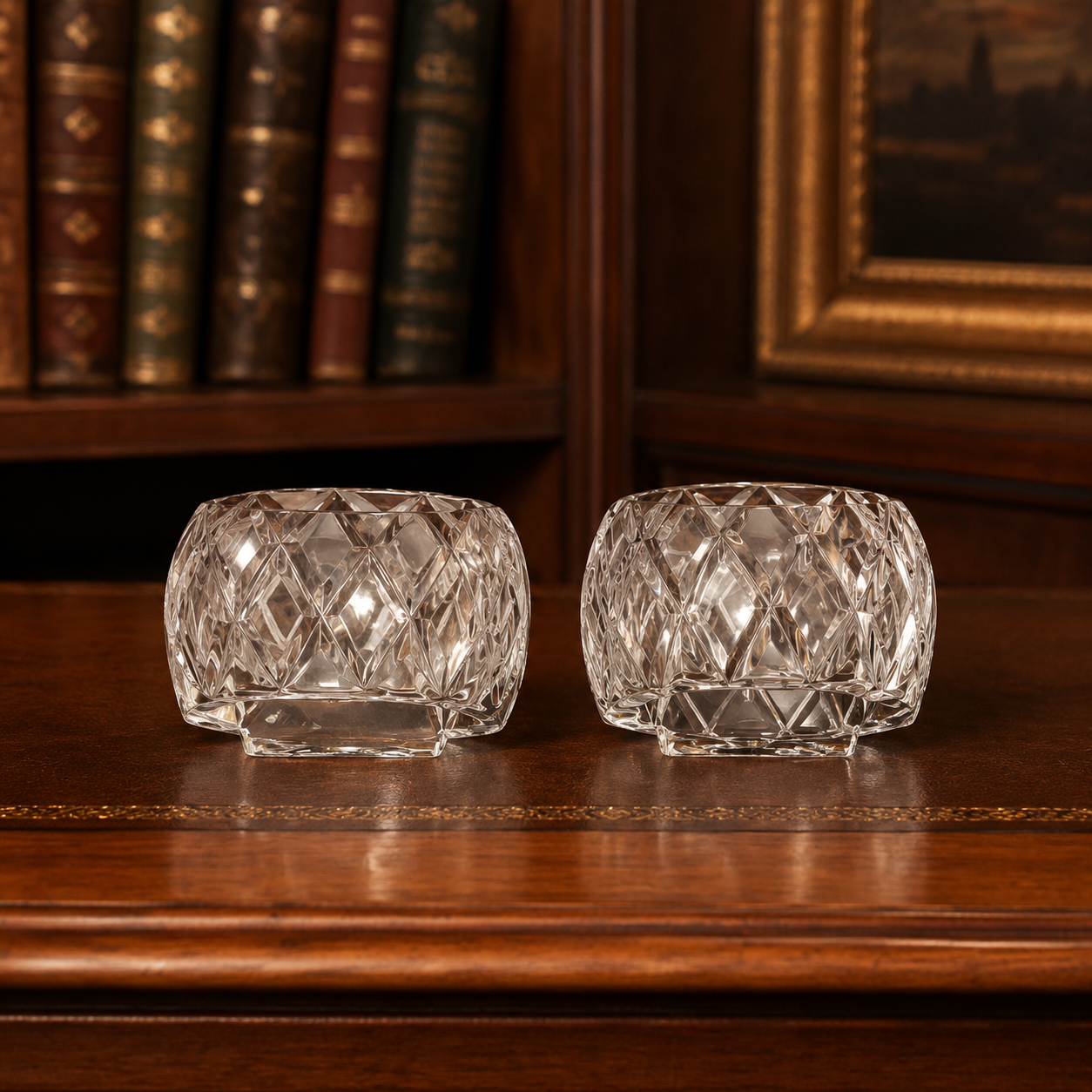 Atlantis Crystal Napkin Rings Set of 2, Vintage Diamond-Cut Glass Tableware in Original Box