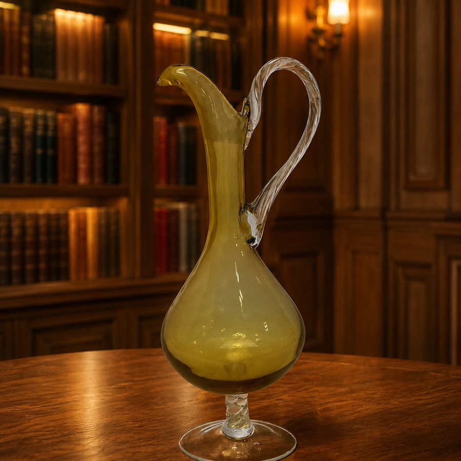 Amber glass decanter pitcher with flared spout, clear twisted stem and looping clear handle