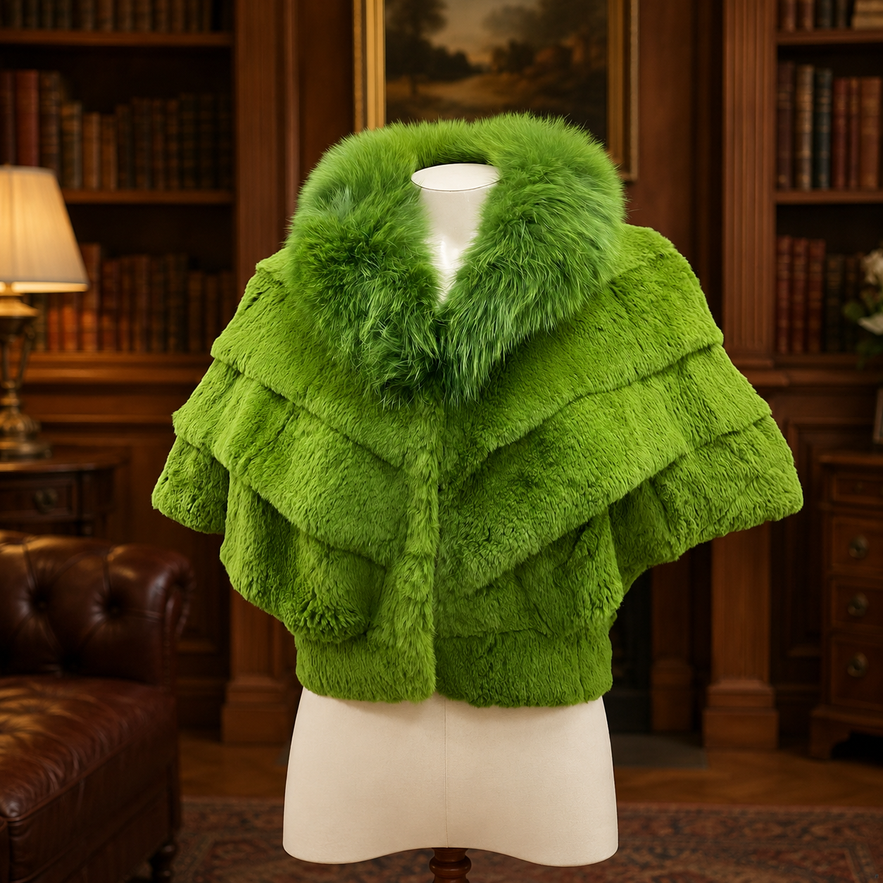 YSLR Green Genuine Rabbit & Fox Fur Collar Semi-Crop Jacket