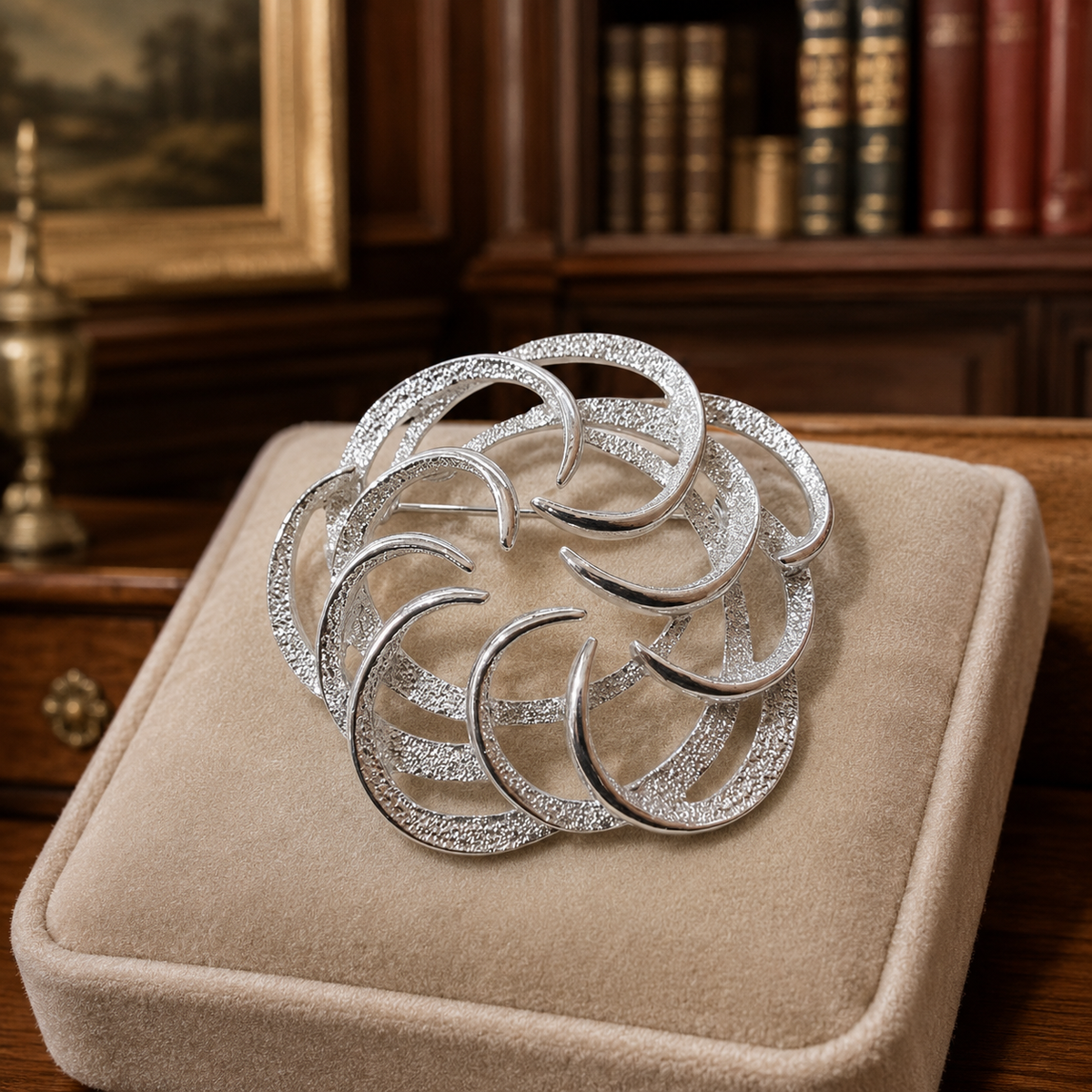 Silver-tone openwork swirl brooch of layered textured ribbons