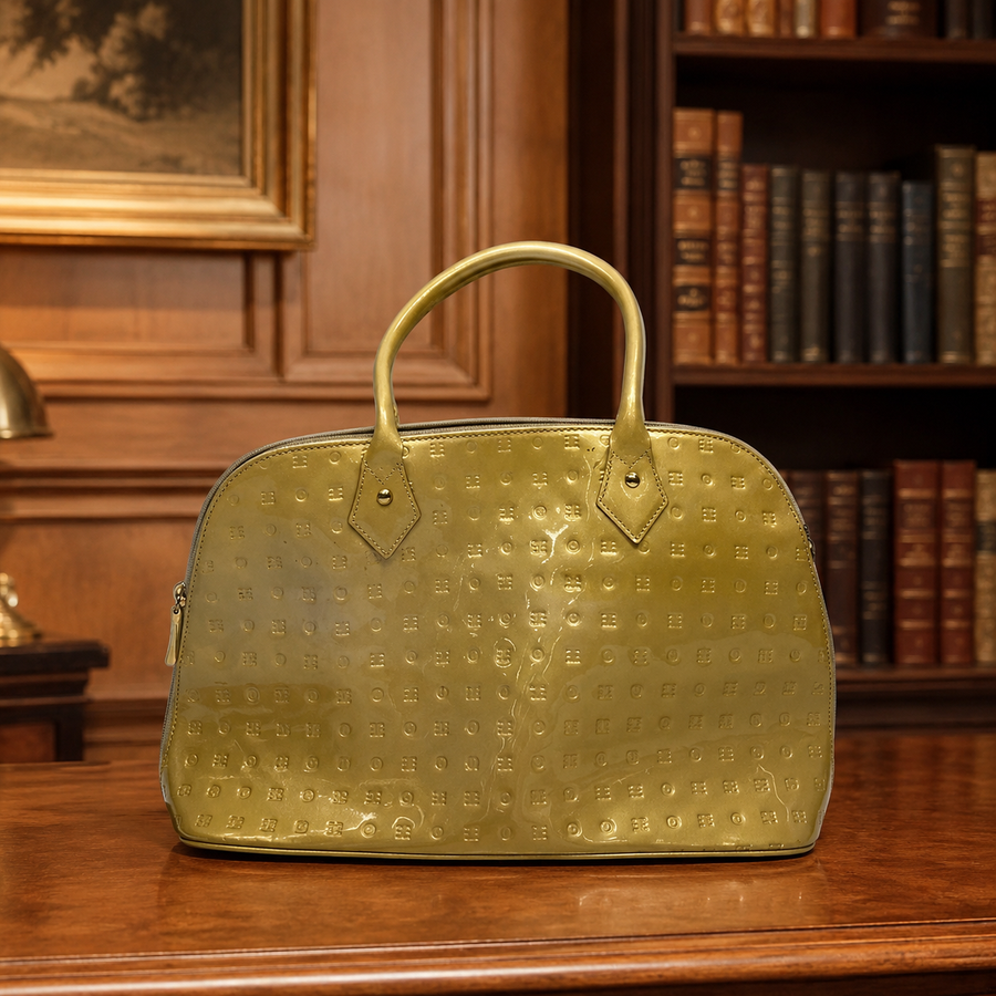 Arcadia lemon yellow embossed patent leather top handle handbag with zip top
