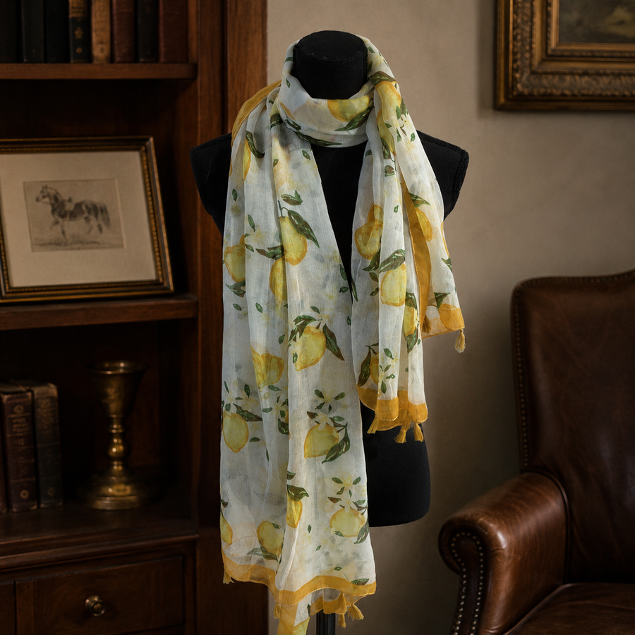 White scarf with allover lemon print and yellow border