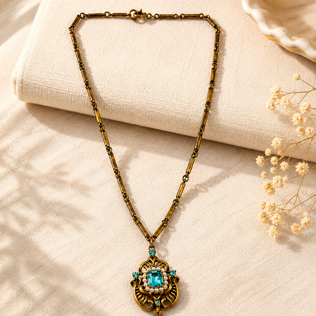 Vintage Gold Tone Faux Seed Pearl & Blue Rhinestone Pendant Necklace | 15" Ornate Floral Necklace
