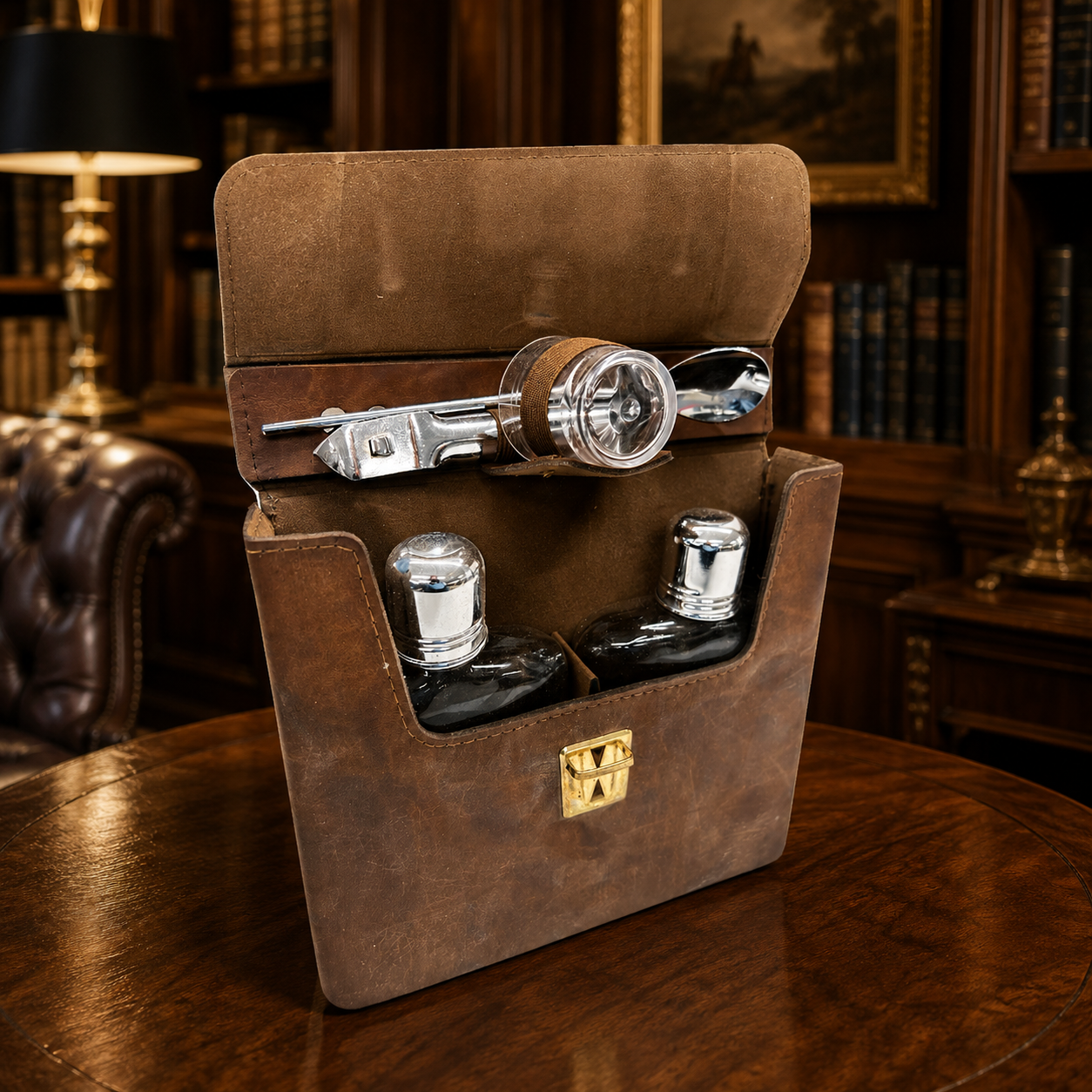 Vintage Leather Portable Travel Bar Set with Cocktail Accessories