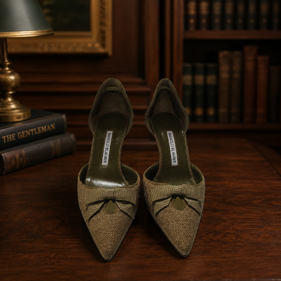 Manolo Blahnik olive satin pointed toe slingback heels, size 38.5
