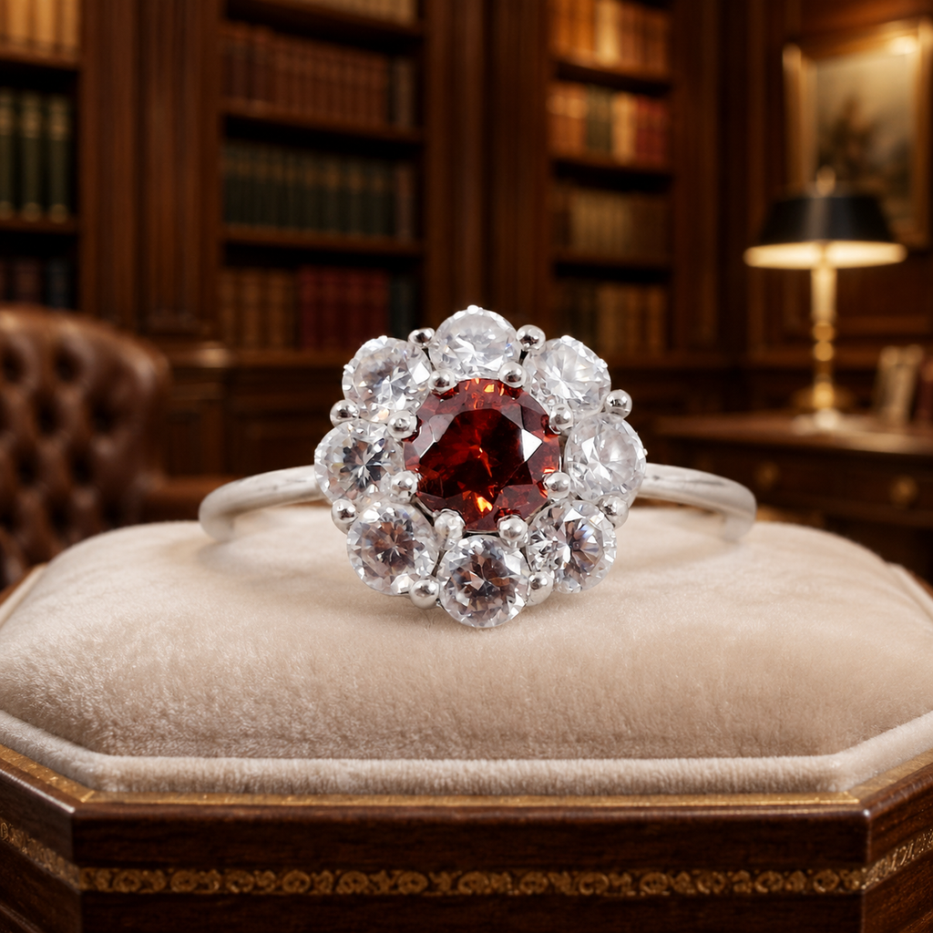 925 Sterling Silver Garnet & Cubic Zirconia Flower Blossom Ring Size 6