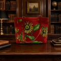 Red Sunflower Shopper Tote Bag, Floral Statement Shoulder Bag with Garden Print