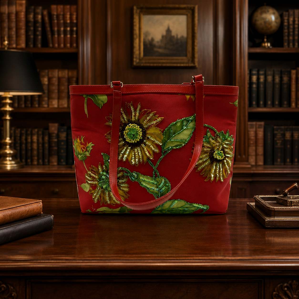 Red Sunflower Shopper Tote Bag, Floral Statement Shoulder Bag with Garden Print