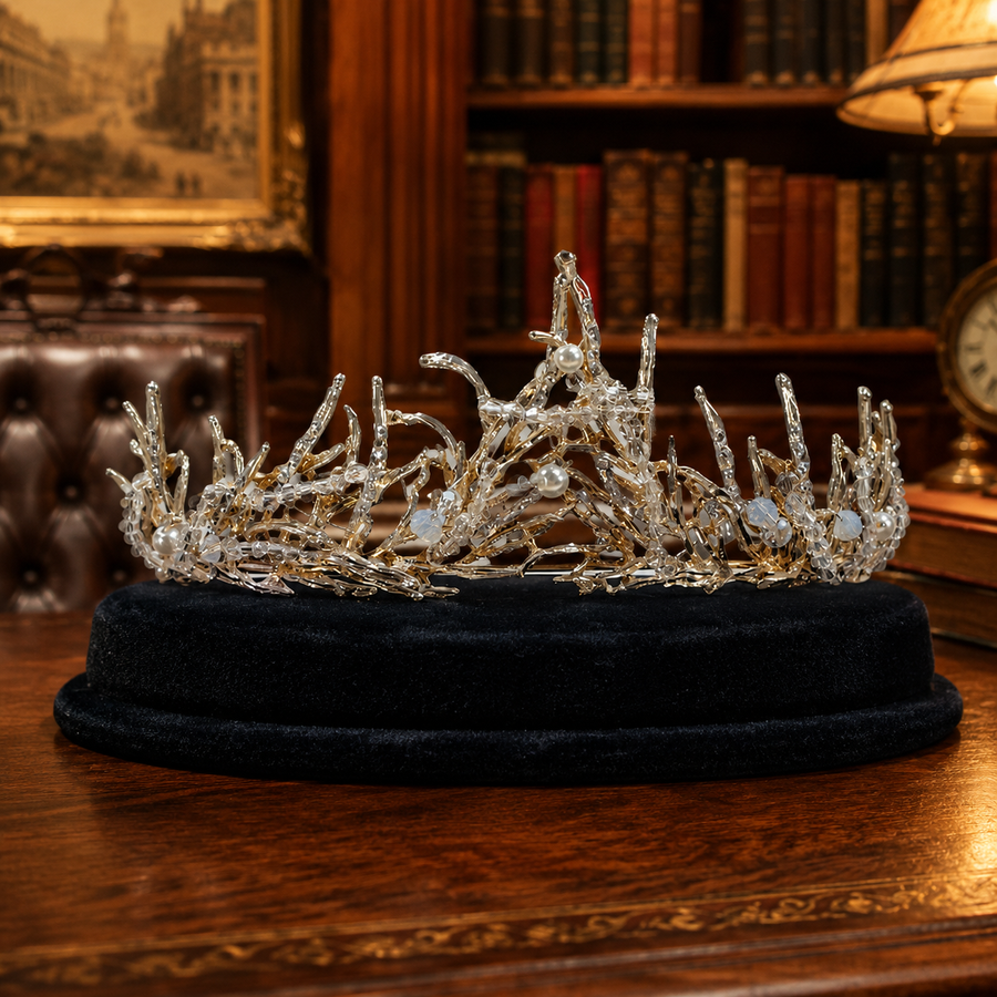Silver-tone woodland branch tiara with faux pearls and clear glass beads