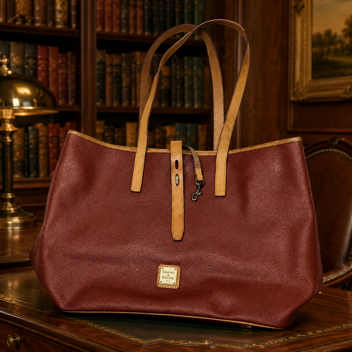 Dooney and Bourke red pebbled leather tote with tan trim, sold for repair or parts
