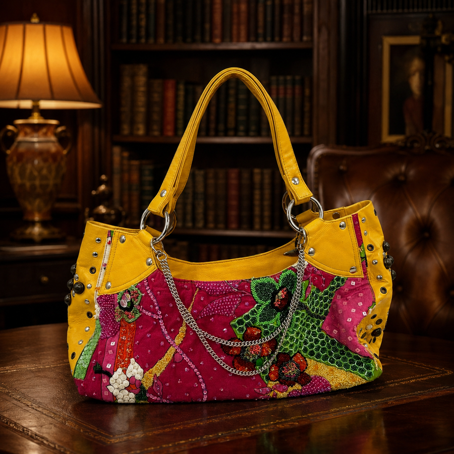 Mary Frances large multicolor beaded and sequined shoulder bag with yellow handles