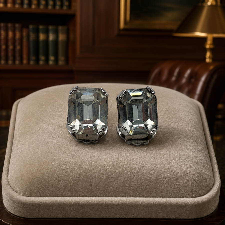 Weiss silver-tone clip-on earrings with large clear emerald-cut rhinestones