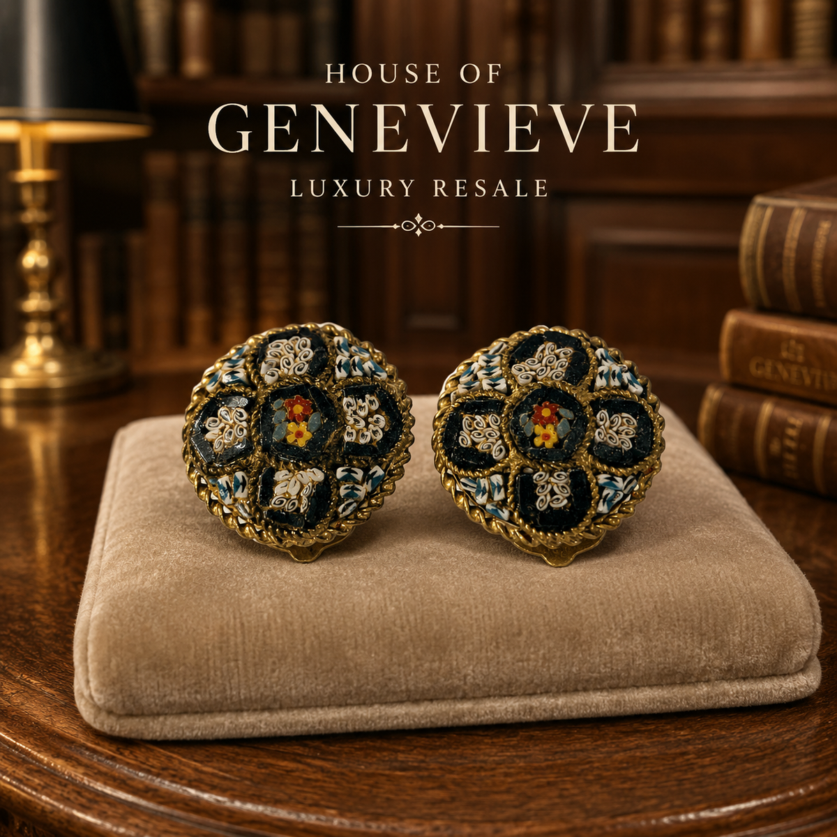 Round gold-tone clip-on earrings with mosaic glass flower and rope-twist border