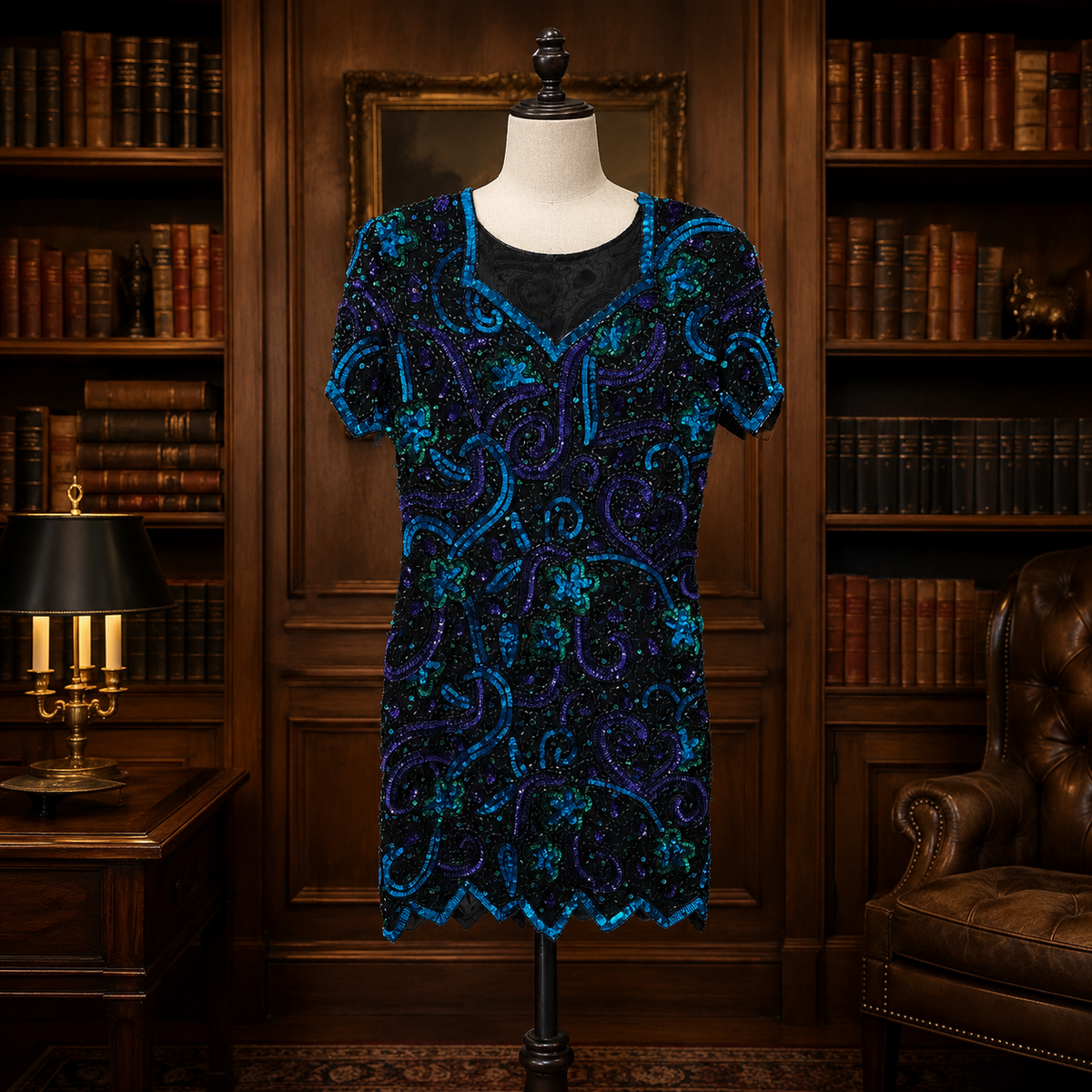 Black sheath cocktail dress with turquoise, cobalt and purple sequin and bead paisley design