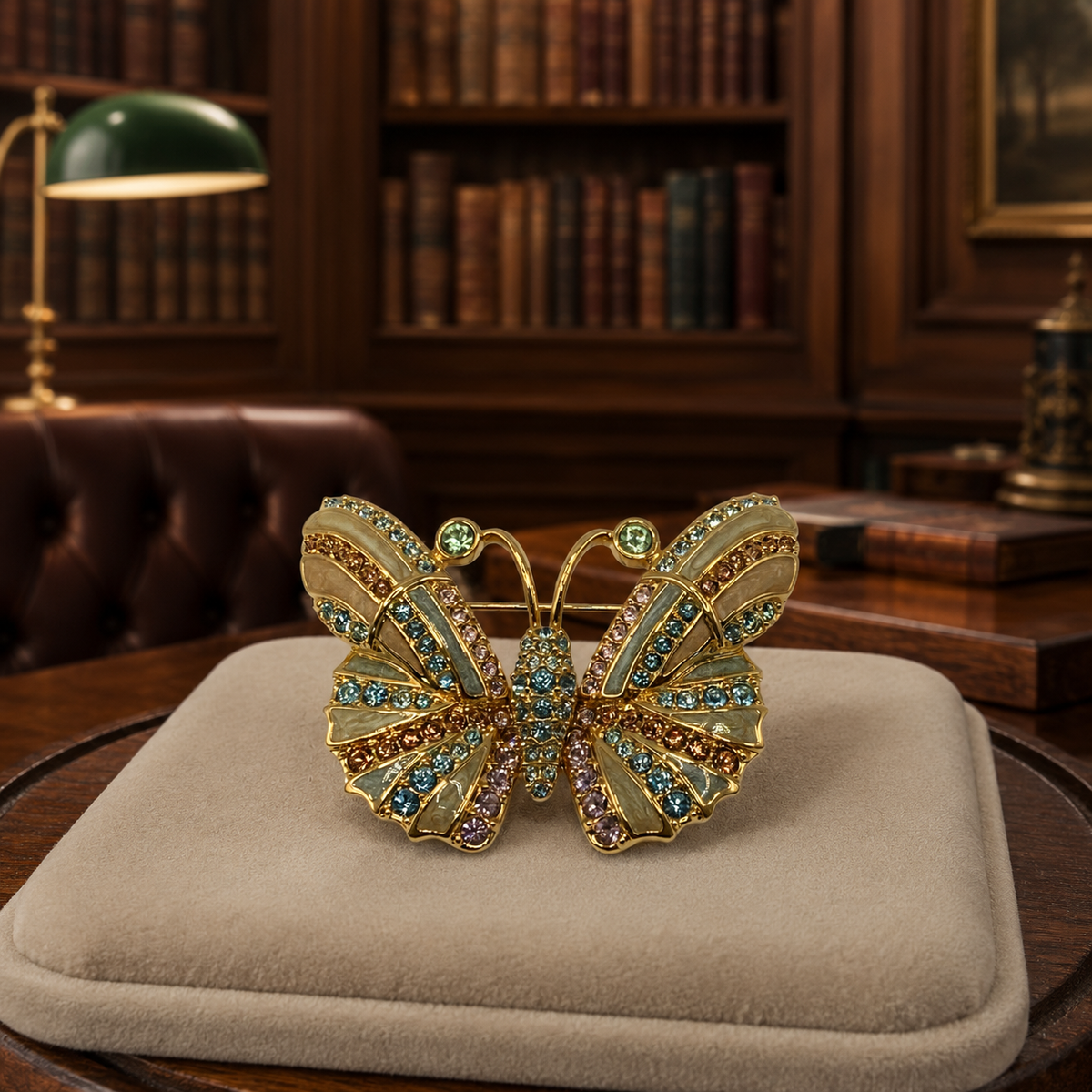 Gold-tone butterfly brooch with multicolor crystals and enamel