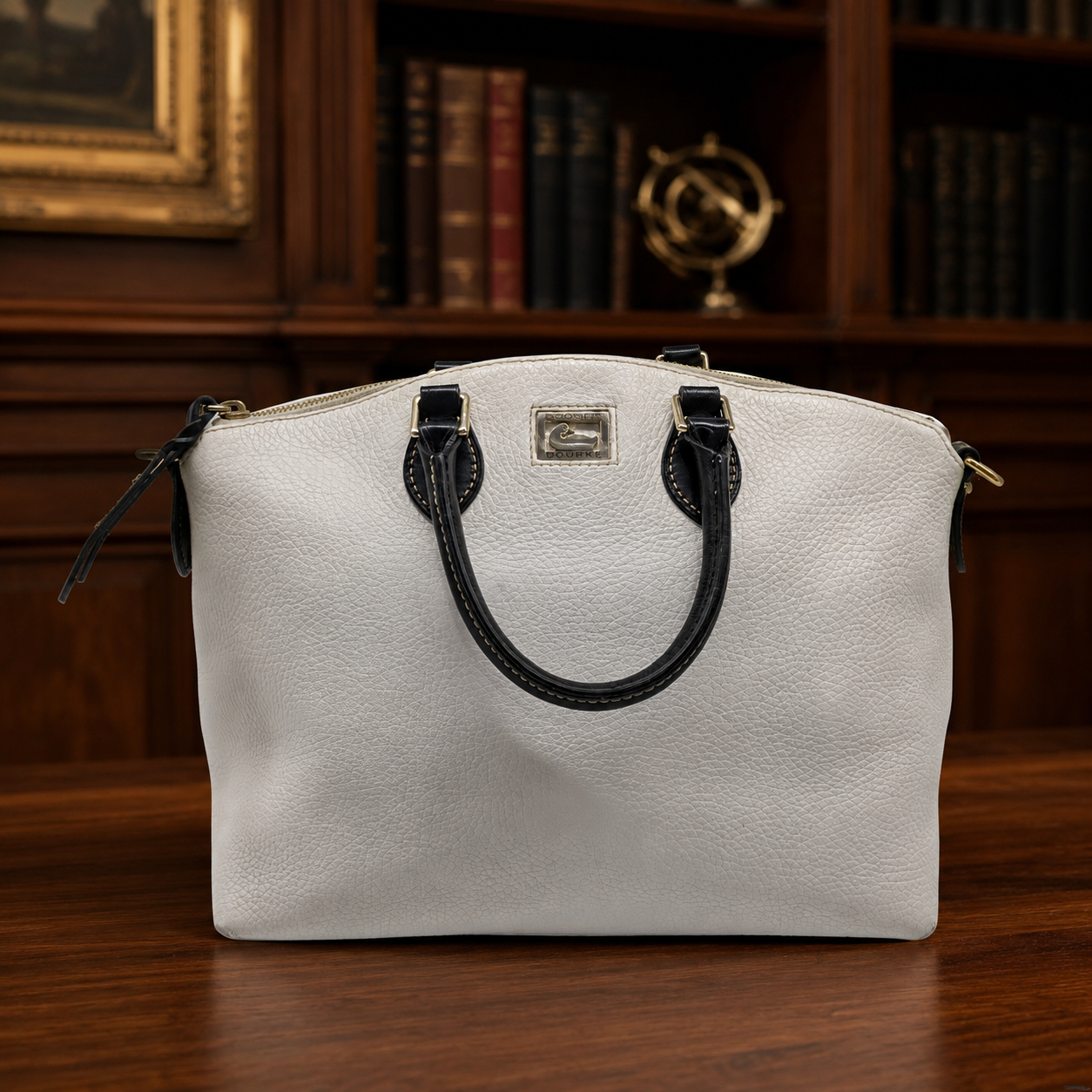 Dooney & Bourke White Pebbled Leather Satchel with Black Trim