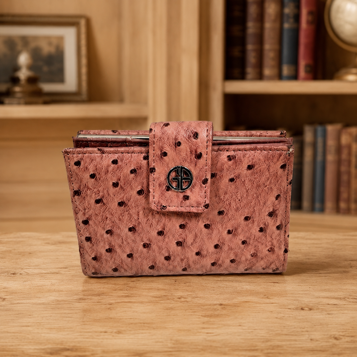 Giani Bernini brick red faux ostrich wallet with snap tab and retail tag