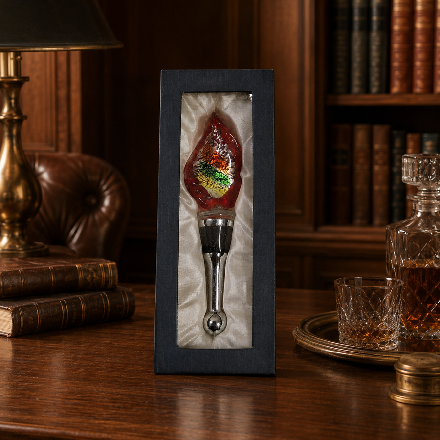 Art glass wine bottle stopper with flame-shaped red, orange, yellow and green finial in a satin-lined box