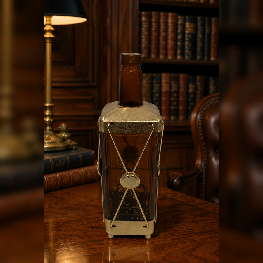 Amber glass decanter labeled Swiss Harmony Musical in a brass-tone wire caddy with medallion