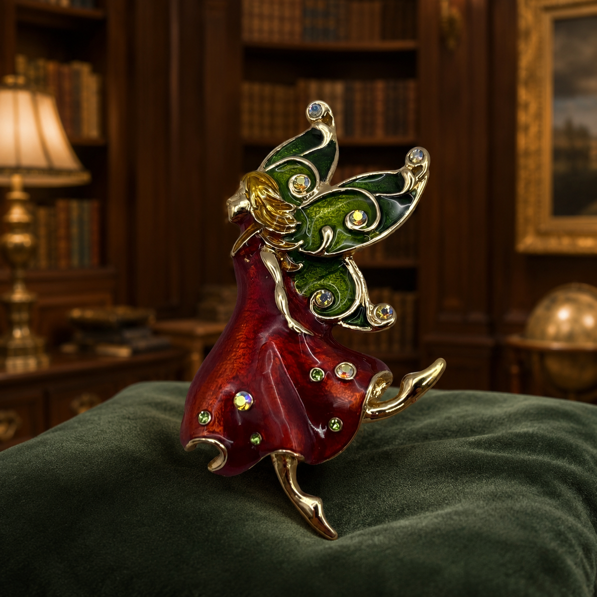 Gold-tone enamel fairy brooch with red skirt, green wings and rhinestones