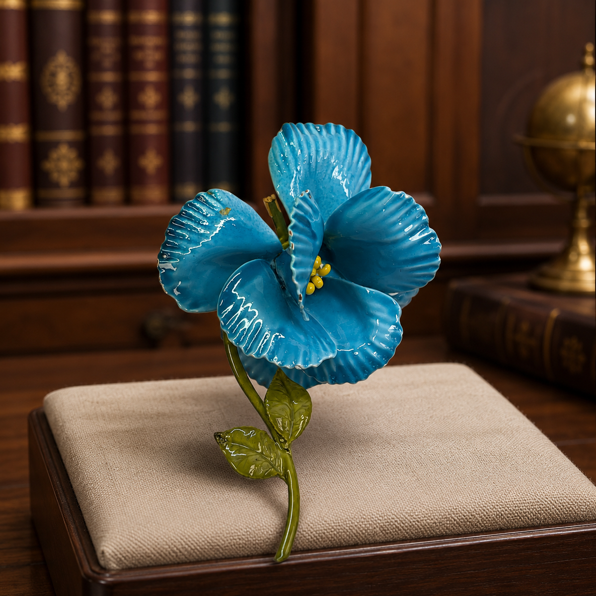 Dimensional flower brooch with ruffled turquoise-blue enamel petals and olive-green leaves
