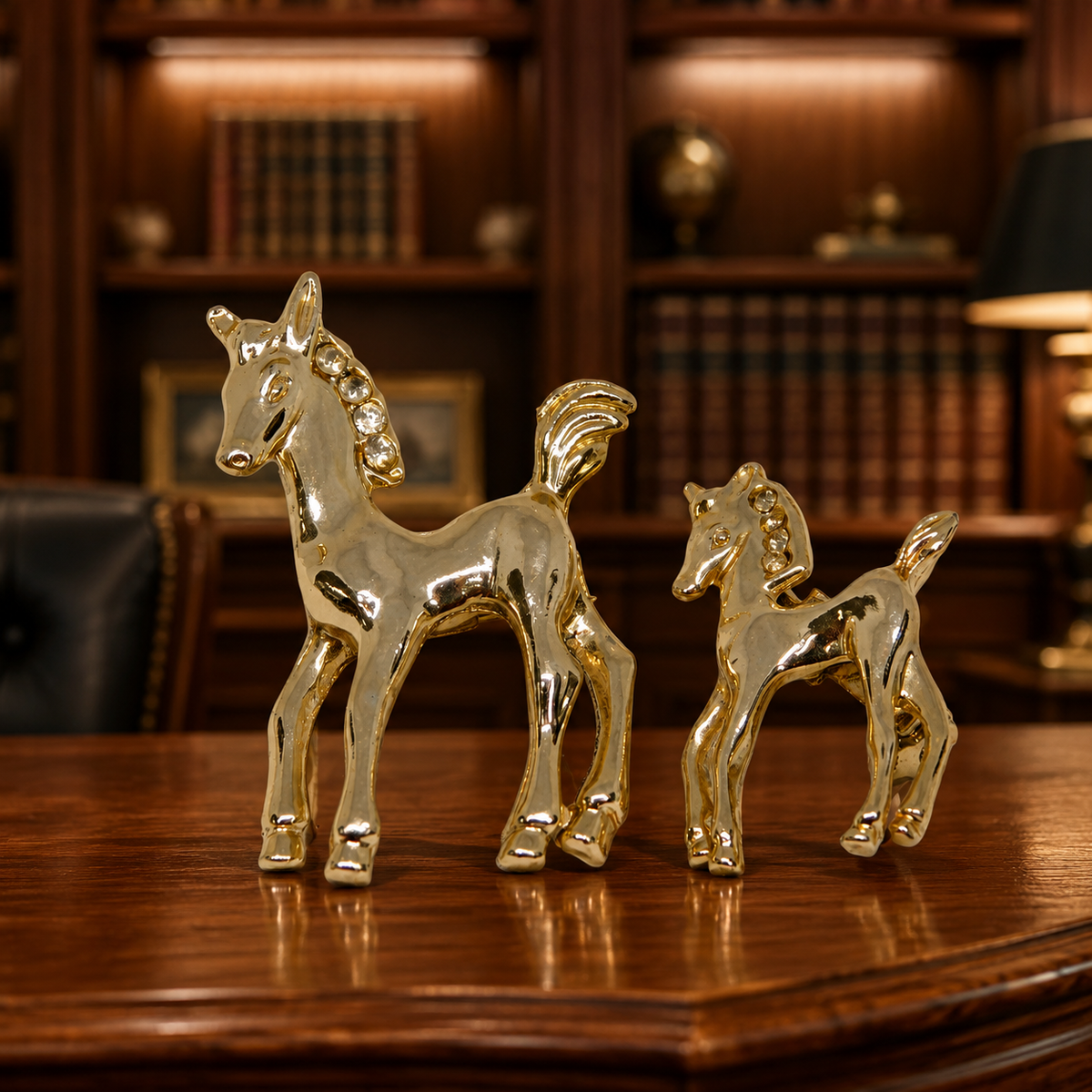 Two gold-tone horse brooches, a mother and a foal