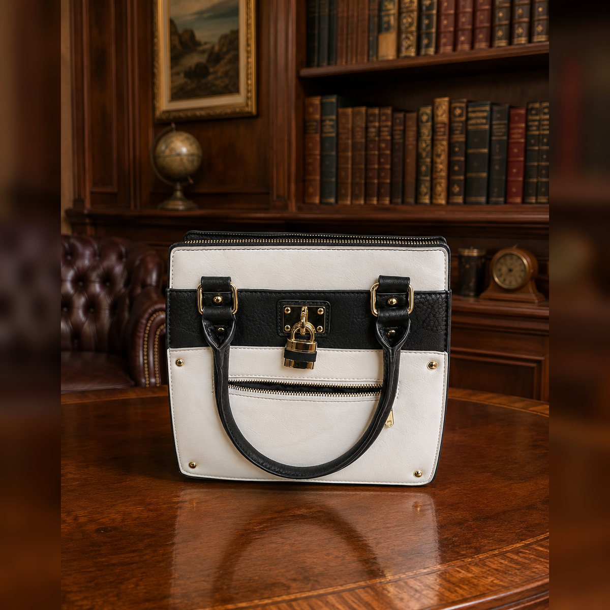 Black and white color block faux leather satchel with gold-tone lock charm and crossbody strap