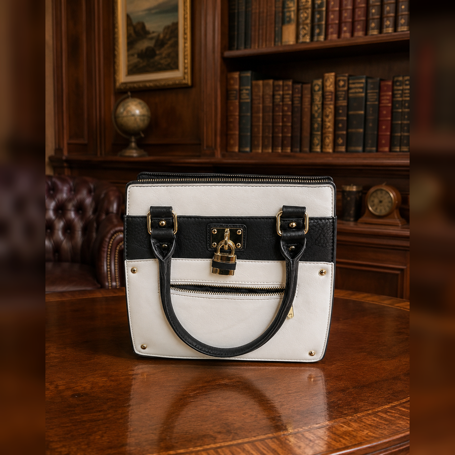 Black and white color block faux leather satchel with gold-tone lock charm and crossbody strap